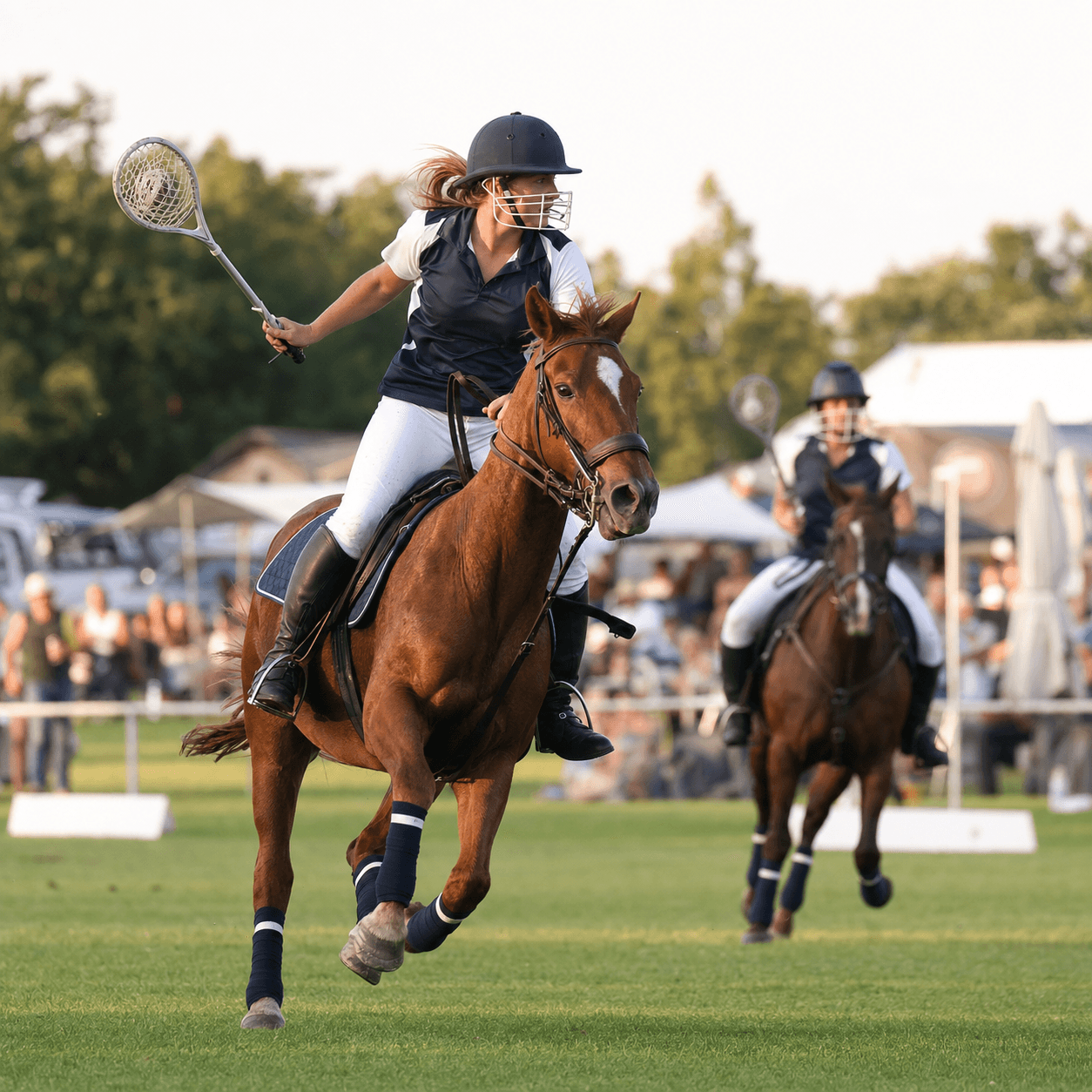 Polocrosse rider competing at an outdoor event